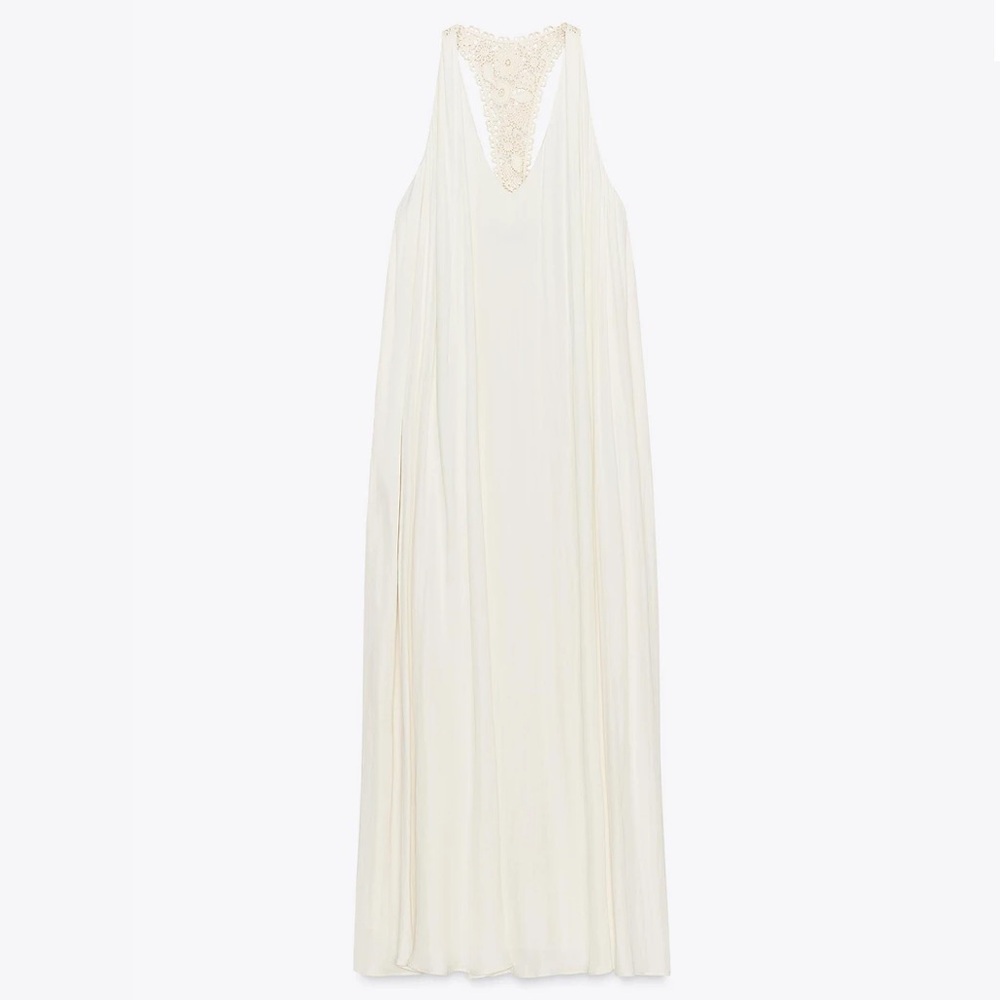 Flowy White Halter Maxi Dress Lace Back Beach Boho Romantic Bride Zara NWT M-L - Picture 12 of 13